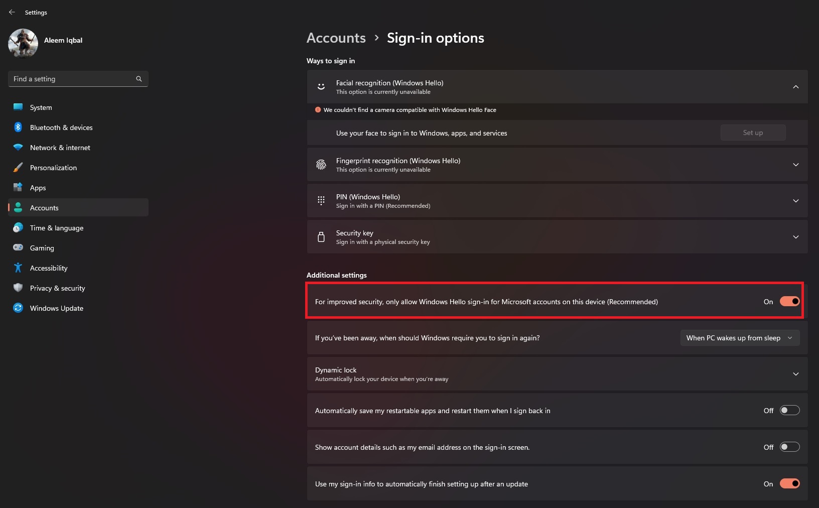 Disable Windows Hello from Settings