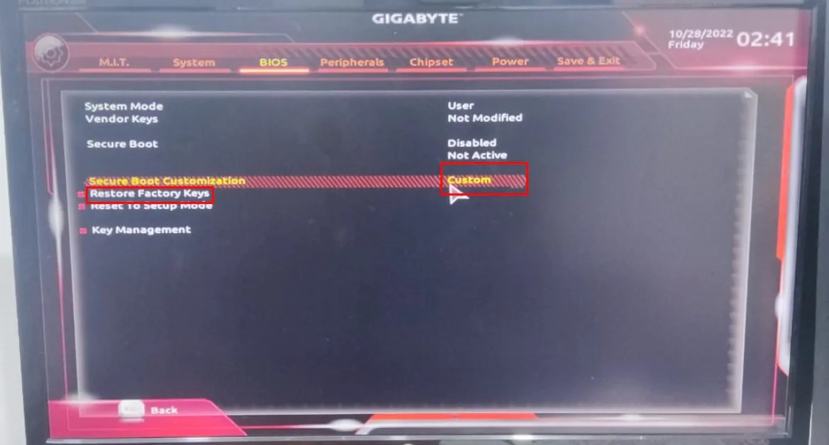 Select the custom option under Secure Boot Mode